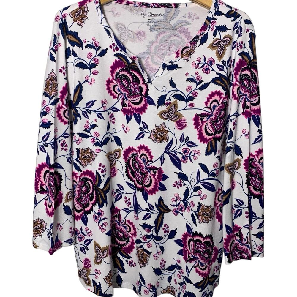 Chico's Top Size 3 (XL) Rising Floral Split Neck 3/4 Sleeve Artsy Boho NWT